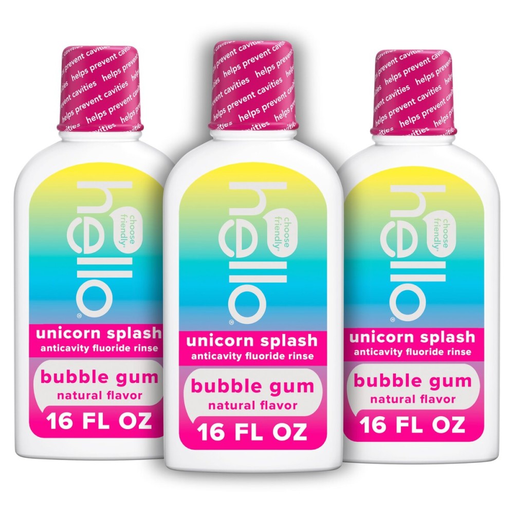 Hello Kids Mouthwash with Unicorn Bubble Gum Flavor, Alcohol Free Mouthwash for Kids with Fluoride, Safe for Ages 6 and Up, Anticavity, Vegan, No Alcohol, No Dyes, 16 Oz Bottles (Pack of 3) Hello Kids Mouthwash with Unicorn Bubble Gum Flavor, Alcohol Free Mouthwash for Kids with Fluoride, Safe for Ages 6 and Up, Anticavity, Vegan, No Alcohol, No Dyes, 16 Oz Bottles (Pack of 3)