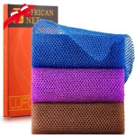 3 Pieces African Bath Sponge African Net Long Net Bath Sponge Exfoliating Shower Body Scrubber Back Scrubber Skin Smoother,Great for Daily Use (Brown, Blue, Purple)