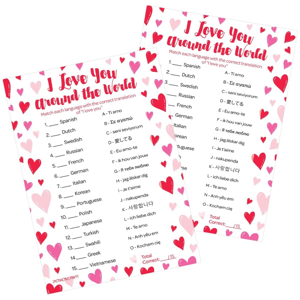 Valentines Day I Love You Around The World Game - 25 Player Cards, Classroom Party Activity, Fun Language Matching Game for Kids, Educational Valentine Party Game