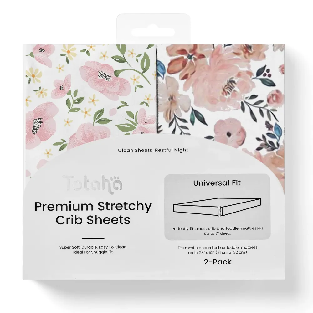 TotAha Premium Stretchy Crib Sheets (2-Pack)-Hypoallergenic, Silky Comfort, Buttery Soft, Calming Effect, All-Season Jersey-Knit Sheets, 9\'\' Extra Deep Pocket(Meredith Allover Floral & Pale Pink) TotAha Premium Stretchy Crib Sheets (2-Pack)-Hypoallergenic, Silky Comfort, Buttery Soft, Calming Effect, All-Season Jersey-Knit Sheets, 9\'\' Extra Deep Pocket(Meredith Allover Floral & Pale Pink)