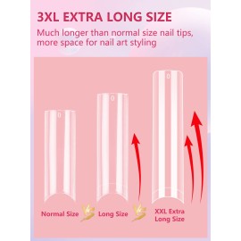 LIONVISON 504PCS NO C CURVE Clear Nail Tips for Acrylic Nails Professional, 3XL Extra Long Flat Tapered Square Nail Tips, 12 Sizes Half Cover Straight French Fake Nail Tips for Nail Salons Home