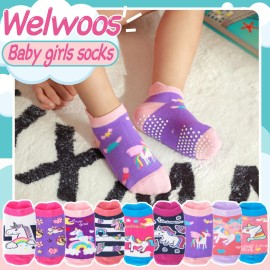 Welwoos Baby Girls Toddlers Grips Socks Kids Non Slip Anti Skid Ankle Unicorn Gift Cotton No Show Socks with Grippers 9 Pairs (Rainbow Unicorn, 3-5 Y)