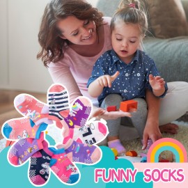 Welwoos Baby Girls Toddlers Grips Socks Kids Non Slip Anti Skid Ankle Unicorn Gift Cotton No Show Socks with Grippers 9 Pairs (Rainbow Unicorn, 3-5 Y)