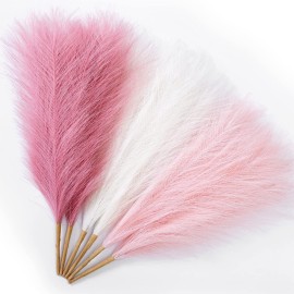 Serwalin Pampas Grass Pink Decor 17.7 Inch 6pcs, Faux Pampas Grass Home Decor, Artificial Pampas Grass Blush Fake Pampas, Short Vase Room