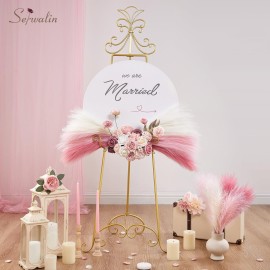 Serwalin Pampas Grass Pink Decor 17.7 Inch 6pcs, Faux Pampas Grass Home Decor, Artificial Pampas Grass Blush Fake Pampas, Short Vase Room
