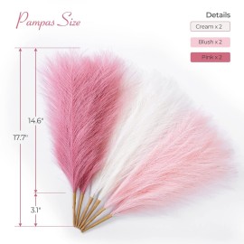 Serwalin Pampas Grass Pink Decor 17.7 Inch 6pcs, Faux Pampas Grass Home Decor, Artificial Pampas Grass Blush Fake Pampas, Short Vase Room
