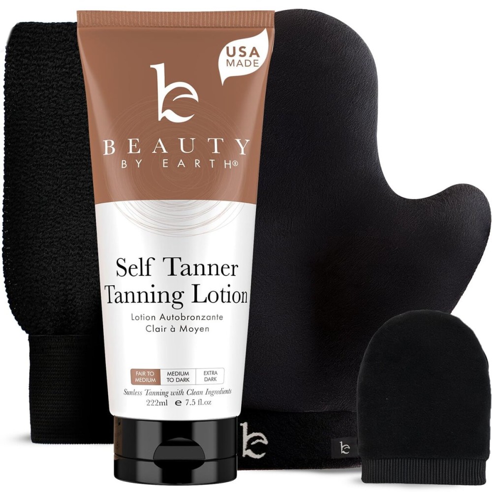 Self Tanner Kit - USA Made with Organic & Natural Ingredients, Tanning Lotion with Glove & Exfoliating Mitt, Non Toxic Gradual Tan Lotion, Sunless Tanner for Fake Tan, Streak Free & No Orange Tones Self Tanner Kit - USA Made with Organic & Natural Ingredients, Tanning Lotion with Glove & Exfoliating Mitt, Non Toxic Gradual Tan Lotion, Sunless Tanner for Fake Tan, Streak Free & No Orange Tones