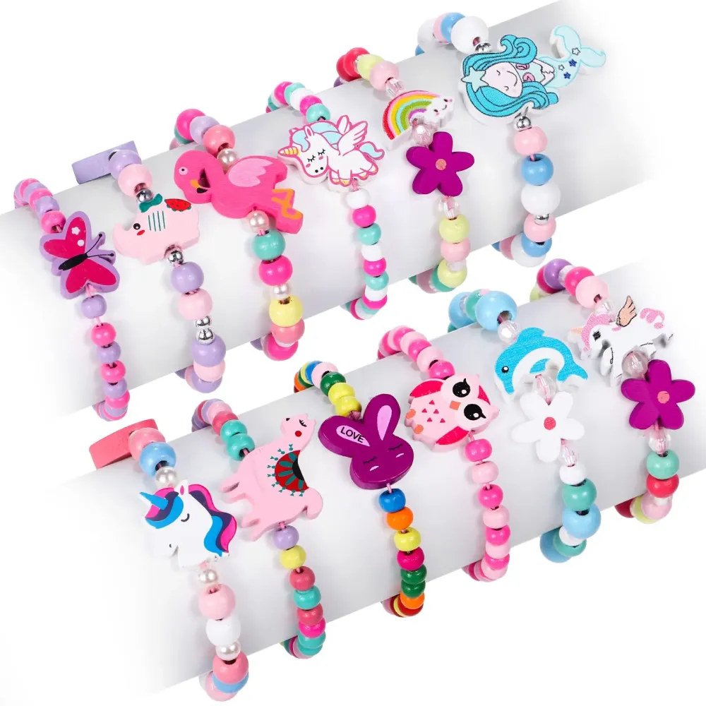 G.C 12 Pcs Girls Bracelets Jewelry for Kids Cute Unicorn Mermaid Animal Pendant Colorful Wooden Beaded Bracelets Princess Pretend Play Gifts for Toddlers G.C 12 Pcs Girls Bracelets Jewelry for Kids Cute Unicorn Mermaid Animal Pendant Colorful Wooden Beaded Bracelets Princess Pretend Play Gifts for Toddlers