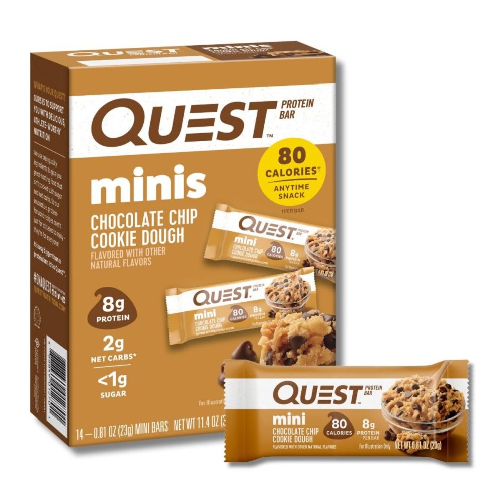 Quest Nutrition Mini Chocolate Chip Cookie Dough Protein Bars, 8g Protein, 1g Sugar, 2g Net Carbs, Gluten Free, 14 Count Quest Nutrition Mini Chocolate Chip Cookie Dough Protein Bars, 8g Protein, 1g Sugar, 2g Net Carbs, Gluten Free, 14 Count
