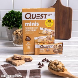 Quest Nutrition Mini Chocolate Chip Cookie Dough Protein Bars, 8g Protein, 1g Sugar, 2g Net Carbs, Gluten Free, 14 Count Quest Nutrition Mini Chocolate Chip Cookie Dough Protein Bars, 8g Protein, 1g Sugar, 2g Net Carbs, Gluten Free, 14 Count