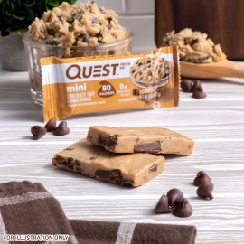 Quest Nutrition Mini Chocolate Chip Cookie Dough Protein Bars, 8g Protein, 1g Sugar, 2g Net Carbs, Gluten Free, 14 Count Quest Nutrition Mini Chocolate Chip Cookie Dough Protein Bars, 8g Protein, 1g Sugar, 2g Net Carbs, Gluten Free, 14 Count