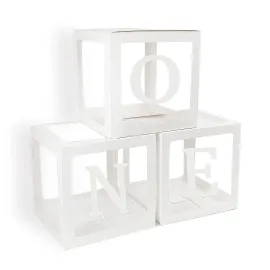 First Birthday Balloons Boxes for Boy or Girl \'ONE\' Letters Individual Three White Transparent Square Boxes 1st Birthday Party Decorations Backdrop Photo Shoot Prop