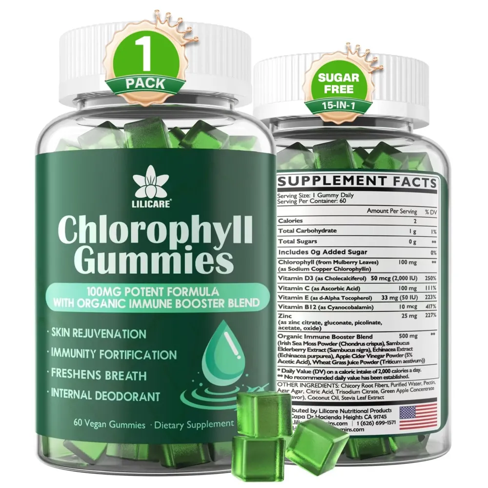 Chlorophyll Gummies - Super Green with Wheat Grass, Sea Moss, Unfiltered ACV & Elderberry, Echinacea, Zinc Complex & Vitamin D3, C, E, B12 for Natural Deodorant, Immune & Digestion Support, 60 Chews Chlorophyll Gummies - Super Green with Wheat Grass, Sea Moss, Unfiltered ACV & Elderberry, Echinacea, Zinc Complex & Vitamin D3, C, E, B12 for Natural Deodorant, Immune & Digestion Support, 60 Chews
