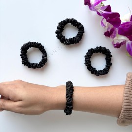 Silvr Bear Luxury Satin Skinny Scrunchies, 6 Count - Black Skinny, Hair Ties for Women, Girls and Men, Softer than Silk Scrunchies, Hair Accessories for All Hair Types