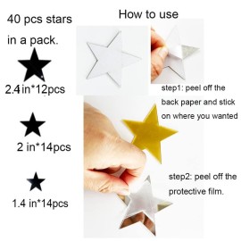 40Pcs Silver Stars Acrylic Mirror Wall Stickers with Adhesive Art Decal Satin Paper Baby Kids Bedroom Home DIY Decor Removable Stickers (Silver Stars)