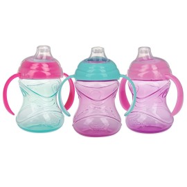 Nuby Clik-It Grip N\' Sip Soft Spout No-Spill Training Sippy Cup with Handles - (3-Pack) 10 oz - 4+ Months - Aqua/Purple/Pink