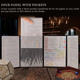 CZYY DND Dungeon Master Screen Faux Leather Embossed Dragon & Mimic, Four-Panel with Pockets DM Screen for Dungeons and Dragon, Pathfinder, D&D