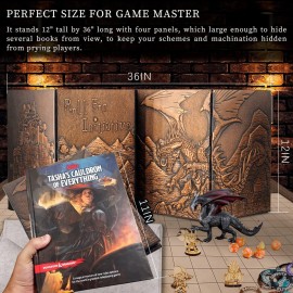 CZYY DND Dungeon Master Screen Faux Leather Embossed Dragon & Mimic, Four-Panel with Pockets DM Screen for Dungeons and Dragon, Pathfinder, D&D