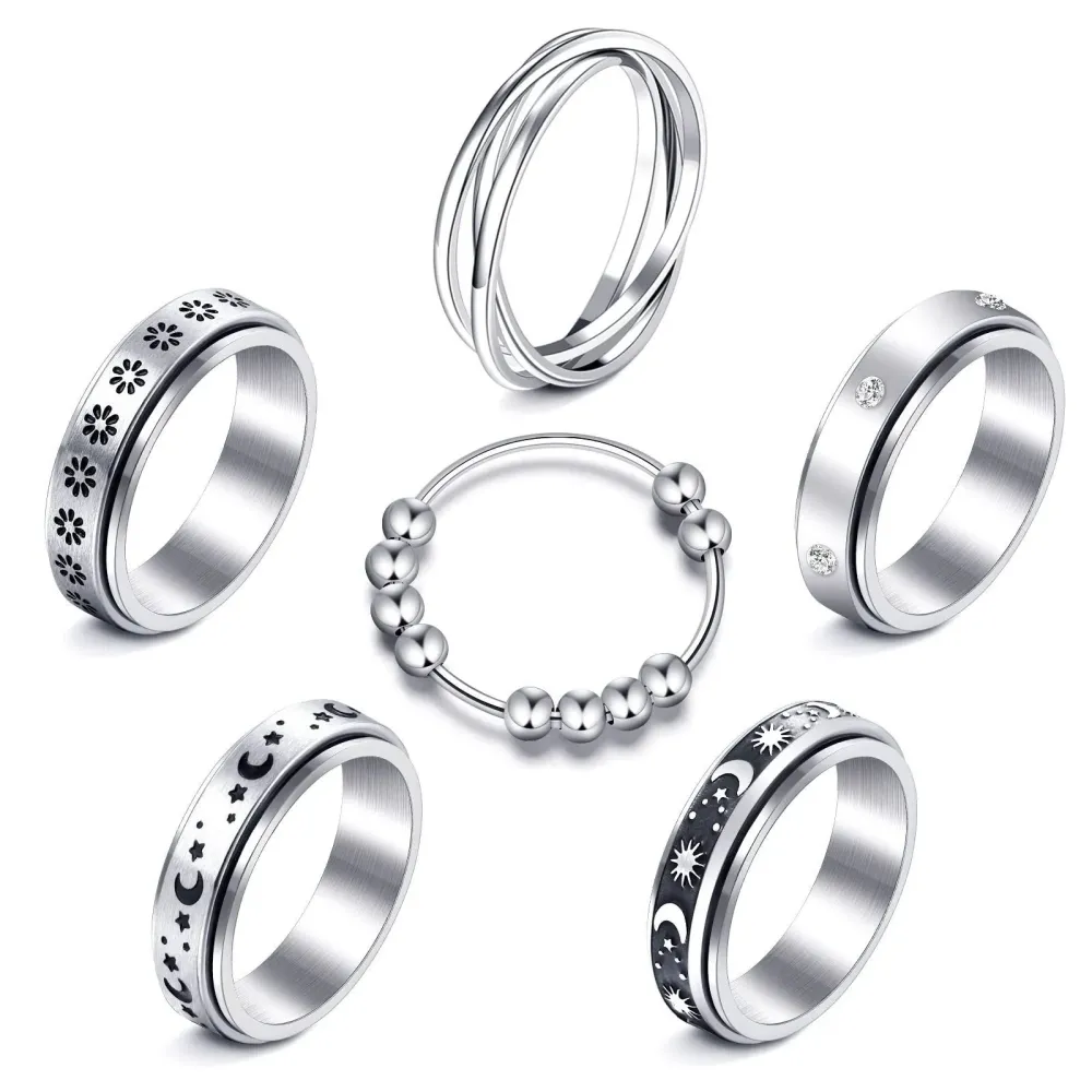 MUCAL Fidget Rings for Anxiety 8pcs Stainless Steel Spinner Ring Anti Spinning Moon Star Cool Stress Relieveing Women Men