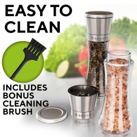 Premium Salt and Pepper Grinder Set of 2 - Two Refillable Stainless Steel Sea Salt & Spice Shakers with Adjustable Coarse Mills - Easy Clean Ceramic Grinders w/BONUS Silicone Funnel & Cleaning Brush