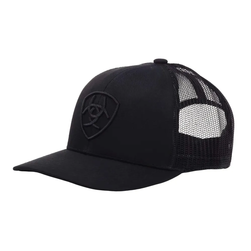 Ariat Men\'s Monochrome Shield Logo Cap, Black with Mesh Back, Adjustable Snap-Back Closure