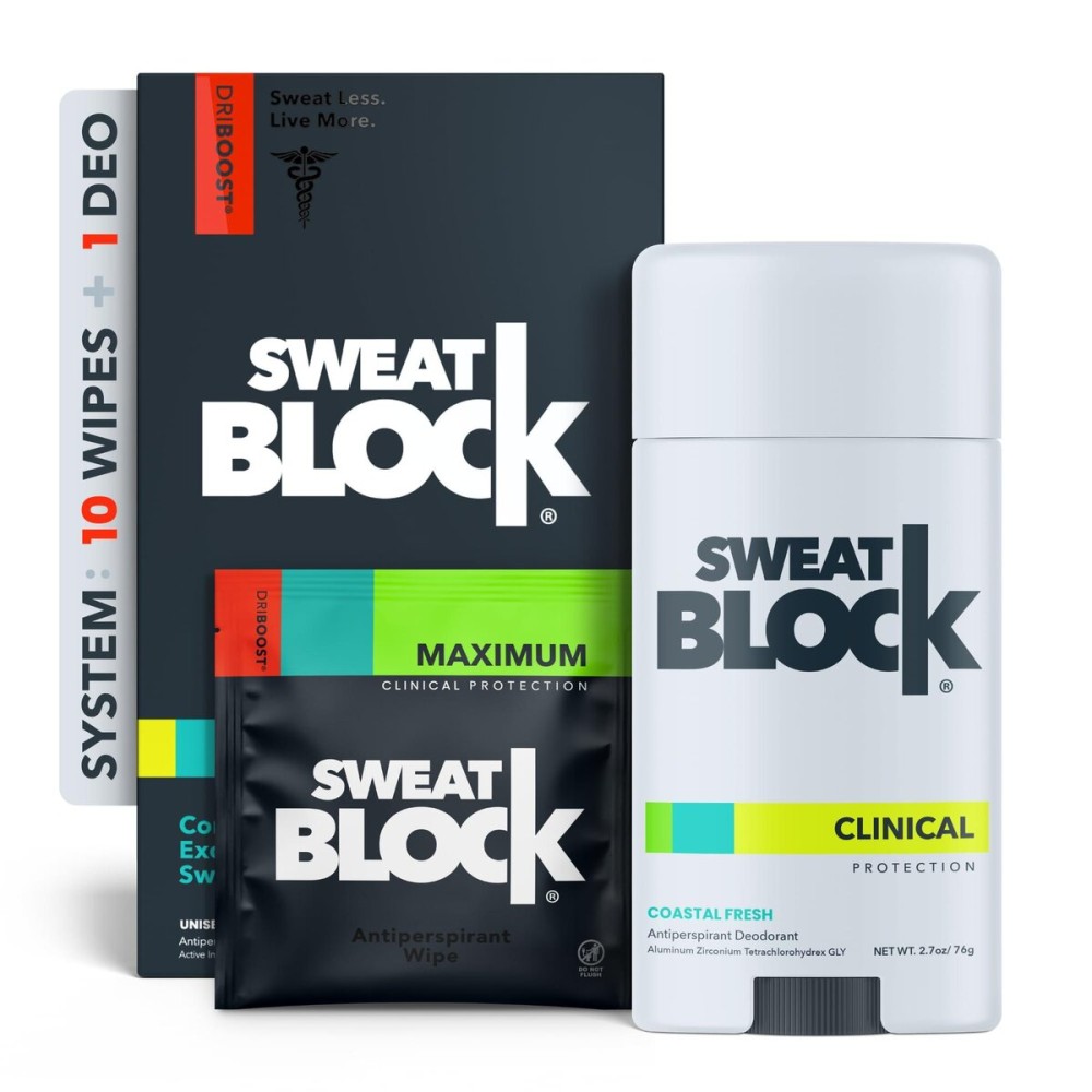 SweatBlock Maximum Clinical Strength Antiperspirant and Deodorant System for Men and Women Hyperhidrosis Aid for Excessive Sweating and Odor 10 DRIBOOST Wipes Plus Unisex Deodorant Stick 2.7 oz SweatBlock Maximum Clinical Strength Antiperspirant and Deodorant System for Men and Women Hyperhidrosis Aid for Excessive Sweating and Odor 10 DRIBOOST Wipes Plus Unisex Deodorant Stick 2.7 oz