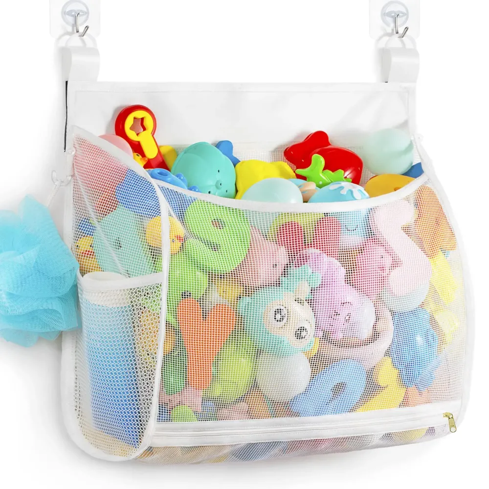Ligereza Baby Mesh Bath Toy Organizer, Multiple Ways to Hang, Ultra Large Capacity & Large Opening, Bathroom Toy Holder, Bath Toy Storage Bag With 2 Side Pockets (White) Ligereza Baby Mesh Bath Toy Organizer, Multiple Ways to Hang, Ultra Large Capacity & Large Opening, Bathroom Toy Holder, Bath Toy Storage Bag With 2 Side Pockets (White)