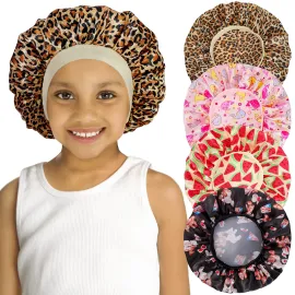 4 PCS Kids Satin Bonnet Child Sleeping Cap,Soft Silk Bonnet Elastic Wide Band,Breathable Baby Bonnets Night Sleep Caps,Colorful Night Hats Satin Cap for Girls Toddler Teens Natural Hair (Cute Pattern)
