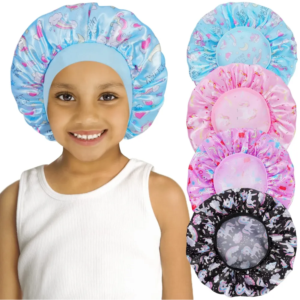 4 PCS Kids Satin Bonnet Child Sleeping Cap,Soft Silk Bonnet Elastic Wide Band,Breathable Baby Bonnets Night Sleep Caps,Colorful Night Hats for Girls Toddler Teens Natural Hair (Unicorn) 4 PCS Kids Satin Bonnet Child Sleeping Cap,Soft Silk Bonnet Elastic Wide Band,Breathable Baby Bonnets Night Sleep Caps,Colorful Night Hats for Girls Toddler Teens Natural Hair (Unicorn)