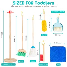 HELLOWOOD Kids Cleaning Set, 8pcs Housekeeping Play Set Includes Broom Mop Duster Dustpan Brushes Rag and Organizing Stand, Cleaning Toys Gift for Toddlers Girls Boys Age 3-6, Solid Beech Wood