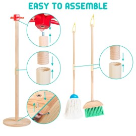 HELLOWOOD Kids Cleaning Set, 8pcs Housekeeping Play Set Includes Broom Mop Duster Dustpan Brushes Rag and Organizing Stand, Cleaning Toys Gift for Toddlers Girls Boys Age 3-6, Solid Beech Wood