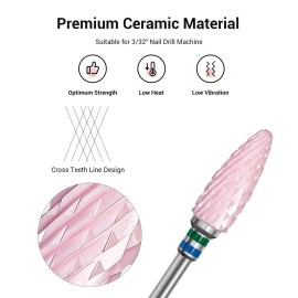 MelodySusie Ceramic Nail Drill Bit, 3/32\'\' (2.35mm) Professional Acrylic Nail File Flame Drill Bit for Manicure Pedicure Cuticle Gel Nail Polishing, Beginners Bits, Pink, Series Bit-S, Coarse