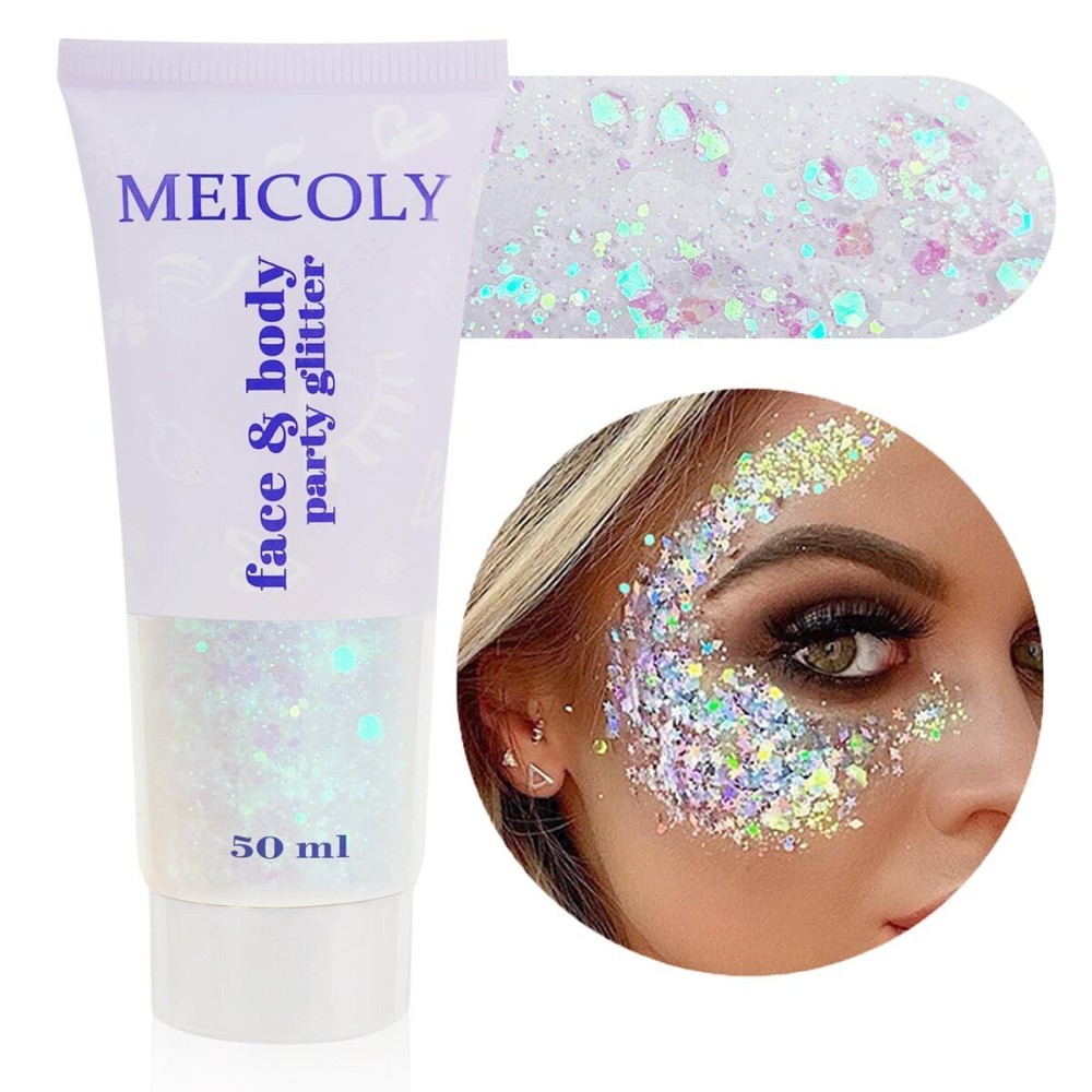 MEICOLY Clear White Body Glitter Gel,Mardi Gras Face Glitter Makeup for Kids Women Girls,Sparkly Chunky Hair Glitter,Singer Concerts Festival Rave Accessories,Mermaid Glitter Face Paint MEICOLY Clear White Body Glitter Gel,Mardi Gras Face Glitter Makeup for Kids Women Girls,Sparkly Chunky Hair Glitter,Singer Concerts Festival Rave Accessories,Mermaid Glitter Face Paint
