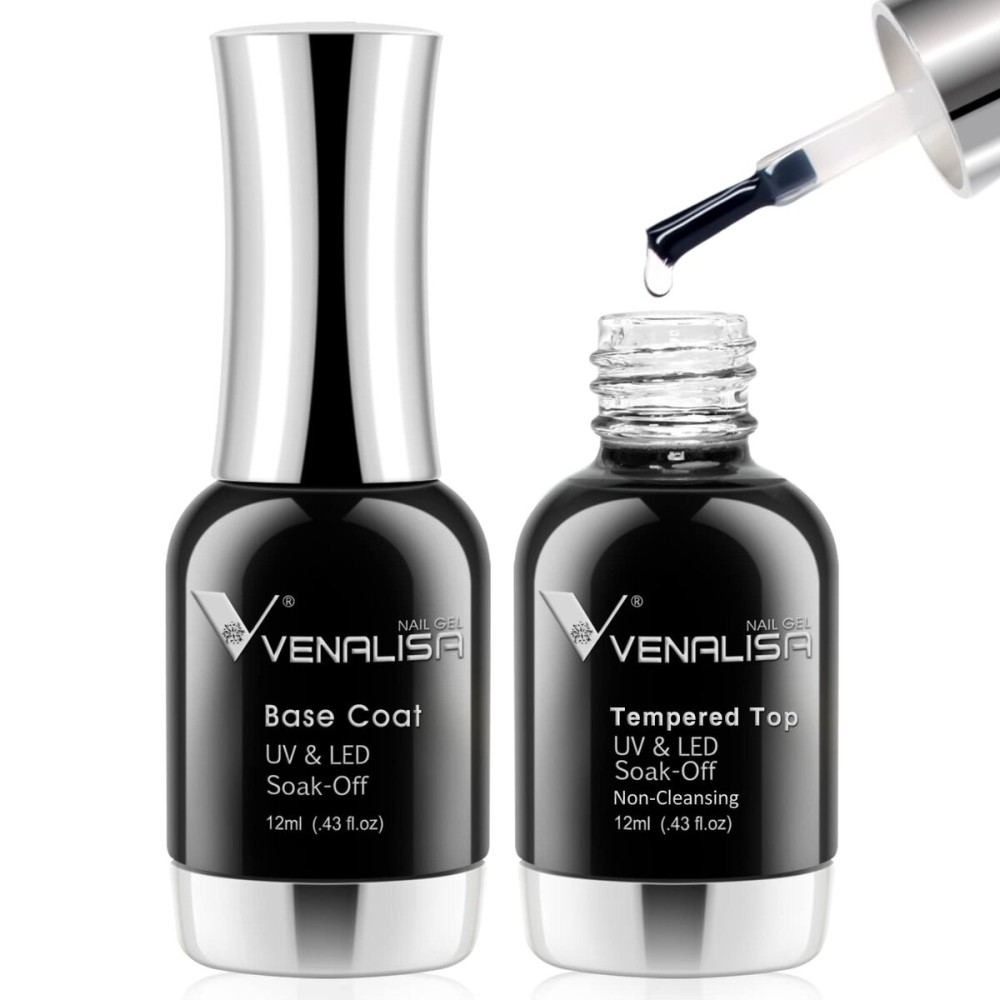 VENALISA 2 Pcs No Wipe Tempered Gel Top Coat and Base Coat Set Gel Nail Polish, Soak Off UV LED Nail Gel Polish Nail Art Starter Manicure Salon DIY at Home VENALISA 2 Pcs No Wipe Tempered Gel Top Coat and Base Coat Set Gel Nail Polish, Soak Off UV LED Nail Gel Polish Nail Art Starter Manicure Salon DIY at Home
