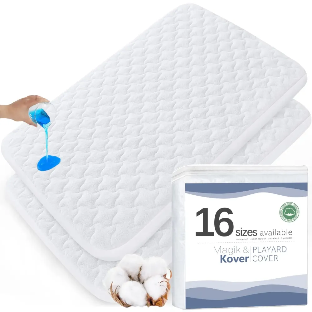 Pack and Play Mattress Pad Protector 38 x 26, 2 Pack Waterproof Pack and Play Cover Sheets, Compatible with Graco Pack n Play, Baby Trend, Dream On Me & Pamo Babe, Quilted Cotton Terry Surface Pack and Play Mattress Pad Protector 38 x 26, 2 Pack Waterproof Pack and Play Cover Sheets, Compatible with Graco Pack n Play, Baby Trend, Dream On Me & Pamo Babe, Quilted Cotton Terry Surface
