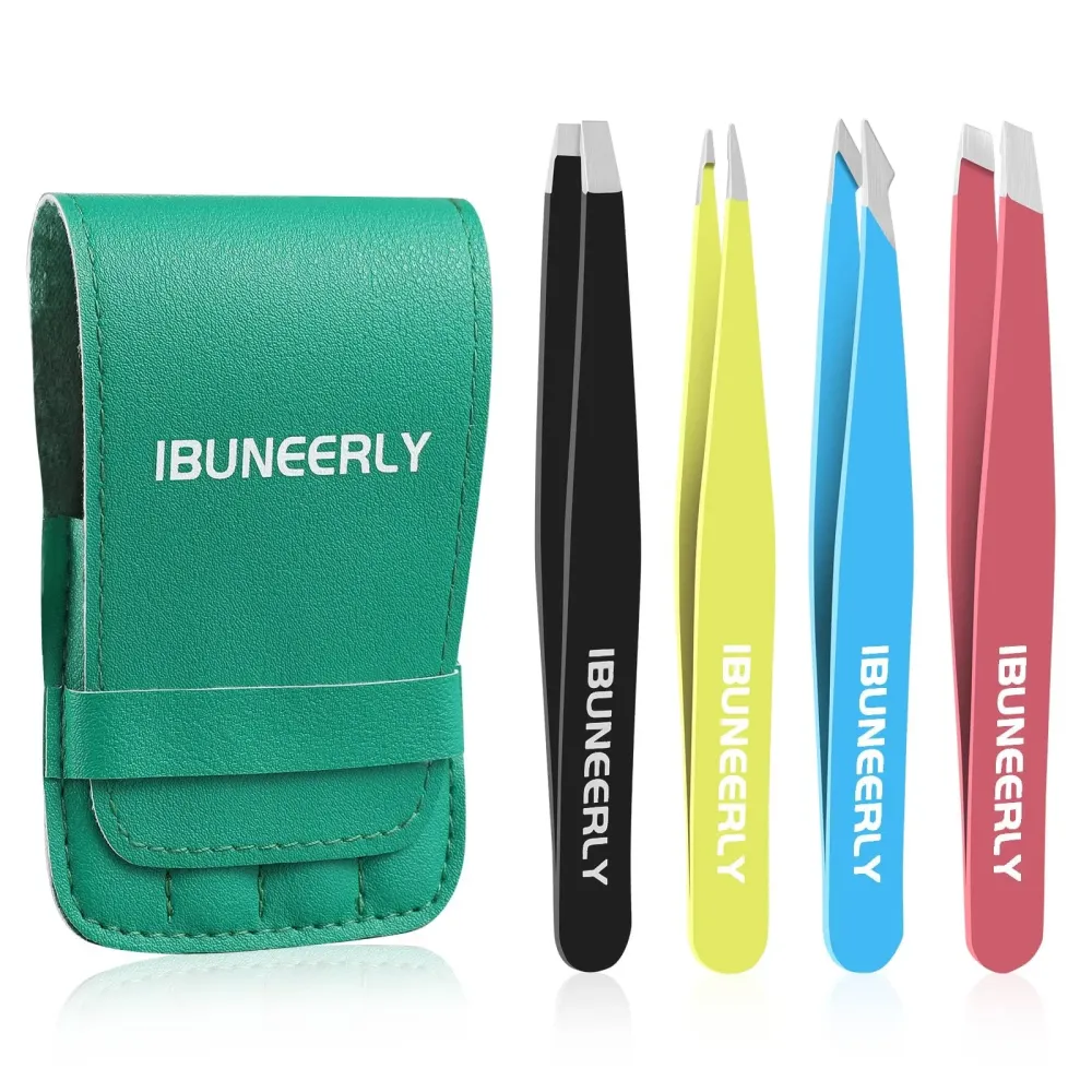 iBuneerly Eyebrows Tweezers Set, 4Pcs Stainless Steel Tweezers for Women with Travel Case, Great Precision for Ingrown Hair, Facial Hair and Splinter Removal