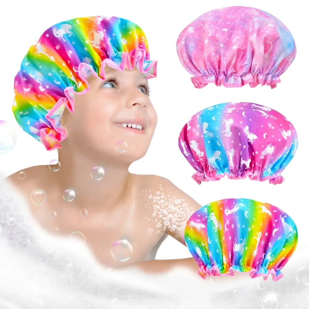 Shower Cap for Kids, 3 Pcs Cute Rainbow Hair Cap for Girls, Wide Elastic Band, Plastic Reusable Waterproof Toddler Bath Cap, Large for Women (Unicorn)