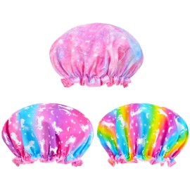 Shower Cap for Kids, 3 Pcs Cute Rainbow Hair Cap for Girls, Wide Elastic Band, Plastic Reusable Waterproof Toddler Bath Cap, Large for Women (Unicorn)