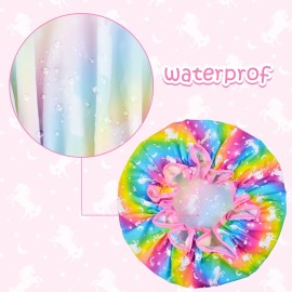 Shower Cap for Kids, 3 Pcs Cute Rainbow Hair Cap for Girls, Wide Elastic Band, Plastic Reusable Waterproof Toddler Bath Cap, Large for Women (Unicorn)