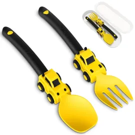 Deinyi Construction Toddler Utensils - Toddler Forks and Spoons - Kids Spoon and Fork Set - Suitable for Kids Utensils - Easter Gifts, Portable Silverware Set for 1 2 3 4 5 year old Toddlers, Yellow