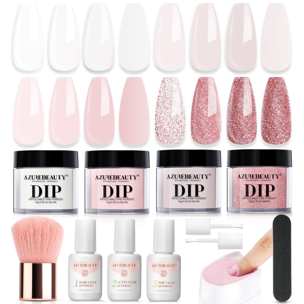 AZUREBEAUTY Dip Powder Nail Kit Starter, Nude Pink Glitter Neutral Skin Transparent, 4 Colors Dipping Powder Set All Seasons, French Nail Art Base Top Coat Activator Liquid Manicure DIY Salon 12 PCS AZUREBEAUTY Dip Powder Nail Kit Starter, Nude Pink Glitter Neutral Skin Transparent, 4 Colors Dipping Powder Set All Seasons, French Nail Art Base Top Coat Activator Liquid Manicure DIY Salon 12 PCS