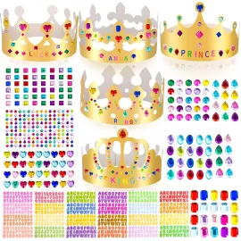 MGZTTHW Gold Paper Crown Set for Kids, DIY Crown Kit with Jewels Gem Number Letter Stickers for Birthday Party Decor and Craft Projects, 15 Pcs Adjustable Crown Hats in 5 Styles