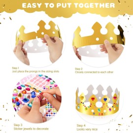 MGZTTHW Gold Paper Crown Set for Kids, DIY Crown Kit with Jewels Gem Number Letter Stickers for Birthday Party Decor and Craft Projects, 15 Pcs Adjustable Crown Hats in 5 Styles