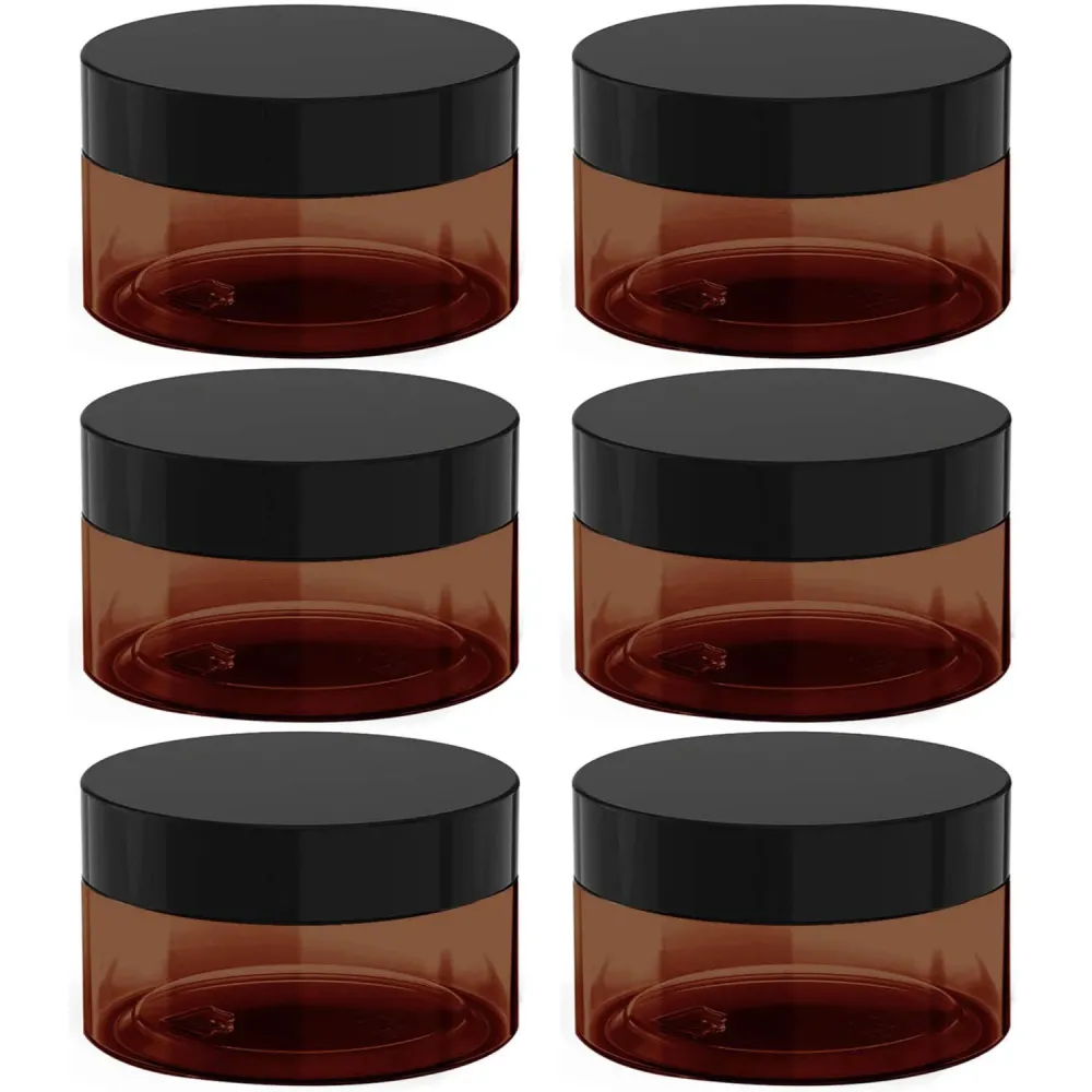 8 oz Amber Plastic Cosmetic Jars Leak Proof Container with Black Lid for Cream, Lotion, Powder, ointment, Beauty Products etc, 6 Pcs.