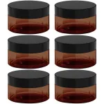 8 oz Amber Plastic Cosmetic Jars Leak Proof Container with Black Lid for Cream, Lotion, Powder, ointment, Beauty Products etc, 6 Pcs.
