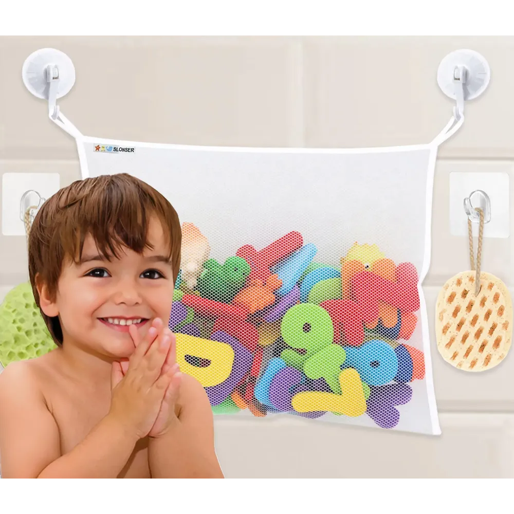 Bath Toy Net 18x16 Inch Kids Bath Tub Toy Holder, Corner Mesh Bag, Baby Bathtub Storage Organizer, Large Bathroom Bucket Bin, Toddler Shower Caddy Hanging Basket, 2 Suction Cups 2 Adhesive Wall Hooks