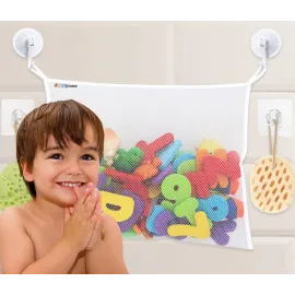 Bath Toy Net 18x16 Inch Kids Bath Tub Toy Holder, Corner Mesh Bag, Baby Bathtub Storage Organizer, Large Bathroom Bucket Bin, Toddler Shower Caddy Hanging Basket, 2 Suction Cups 2 Adhesive Wall Hooks