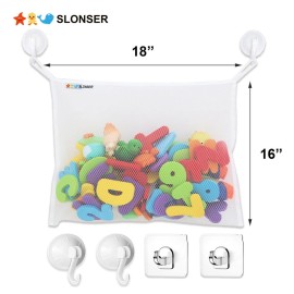 Bath Toy Net 18x16 Inch Kids Bath Tub Toy Holder, Corner Mesh Bag, Baby Bathtub Storage Organizer, Large Bathroom Bucket Bin, Toddler Shower Caddy Hanging Basket, 2 Suction Cups 2 Adhesive Wall Hooks