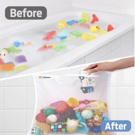 Bath Toy Net 18x16 Inch Kids Bath Tub Toy Holder, Corner Mesh Bag, Baby Bathtub Storage Organizer, Large Bathroom Bucket Bin, Toddler Shower Caddy Hanging Basket, 2 Suction Cups 2 Adhesive Wall Hooks
