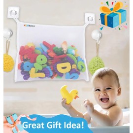 Bath Toy Net 18x16 Inch Kids Bath Tub Toy Holder, Corner Mesh Bag, Baby Bathtub Storage Organizer, Large Bathroom Bucket Bin, Toddler Shower Caddy Hanging Basket, 2 Suction Cups 2 Adhesive Wall Hooks